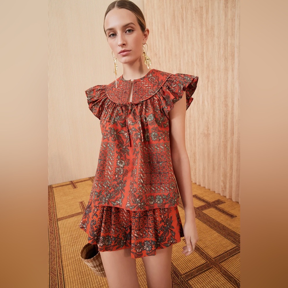 Ulla Johnson Rust Floral Ruffle Sleeveless Top